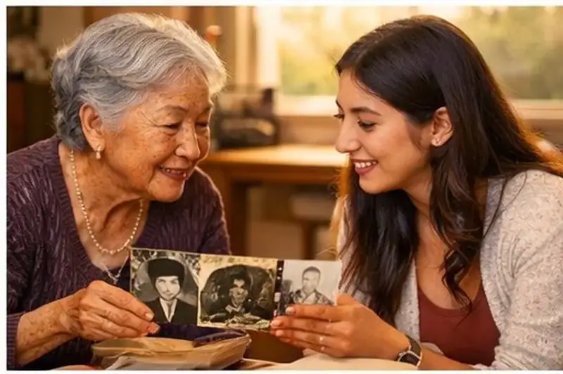 Grandparent sharing family heritage stories with teen during intergenerational coming of age ceremony