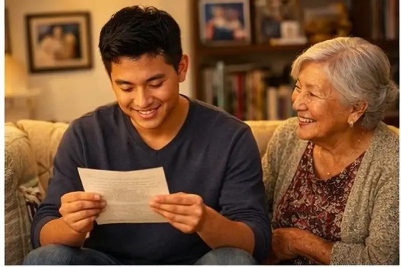 Teen reading heartfelt letter from family member during coming of age ceremony