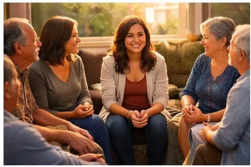 Mentor circle with diverse adults gathered around teen offering wisdom and support during coming of age ceremony