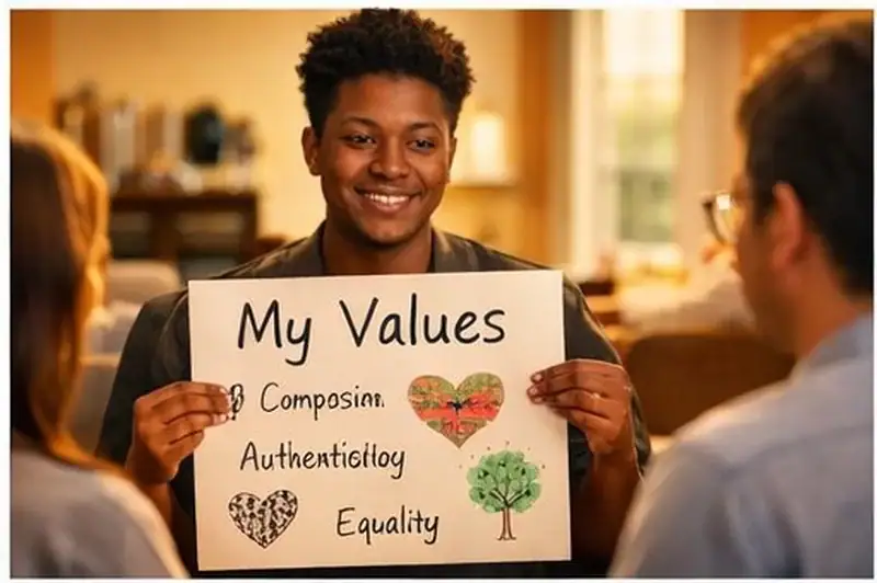 Teen presenting personal values artwork during coming of age ceremony with family gathered to witness