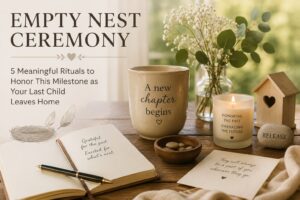 Empty nest ceremony with a journal, candle, and symbolic nest honoring the transition when the last child leaves home.