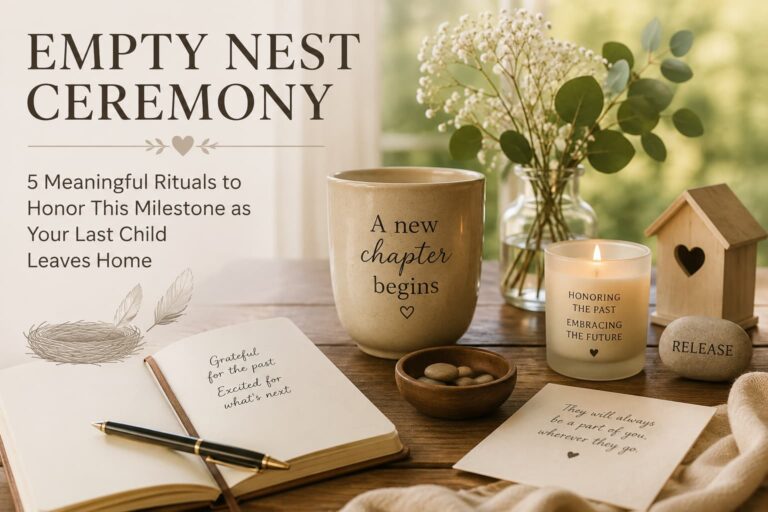 Empty nest ceremony with a journal, candle, and symbolic nest honoring the transition when the last child leaves home.