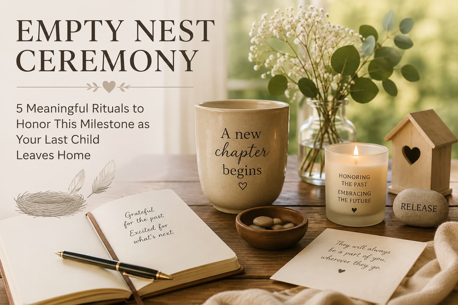 Empty nest ceremony with a journal, candle, and symbolic nest honoring the transition when the last child leaves home.